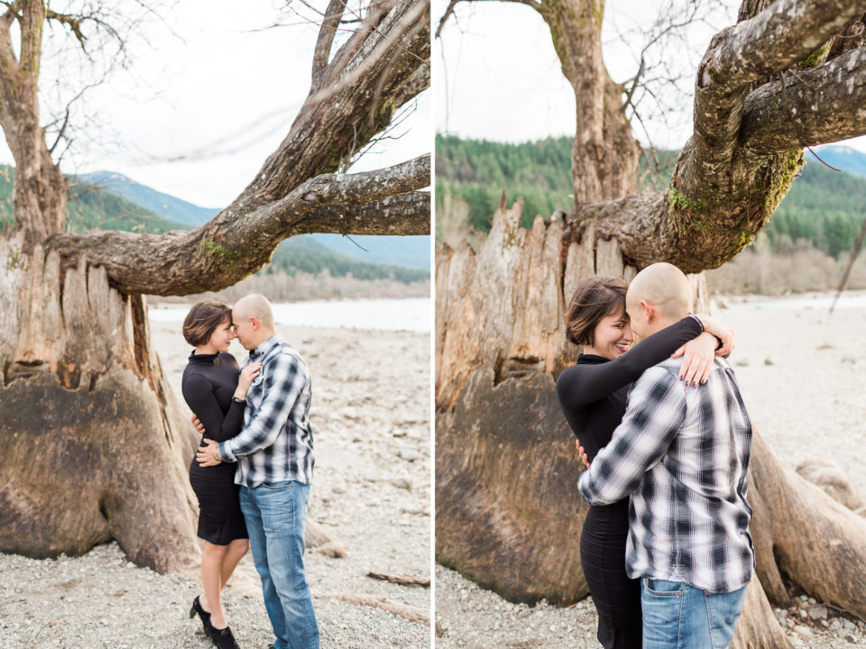 Two people hold each other close as they have their photo taken near Seattle