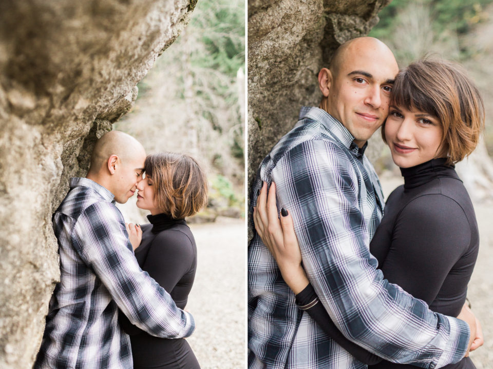 A couple embraces and smile as they pose for their Rattlesnake Lake couple session