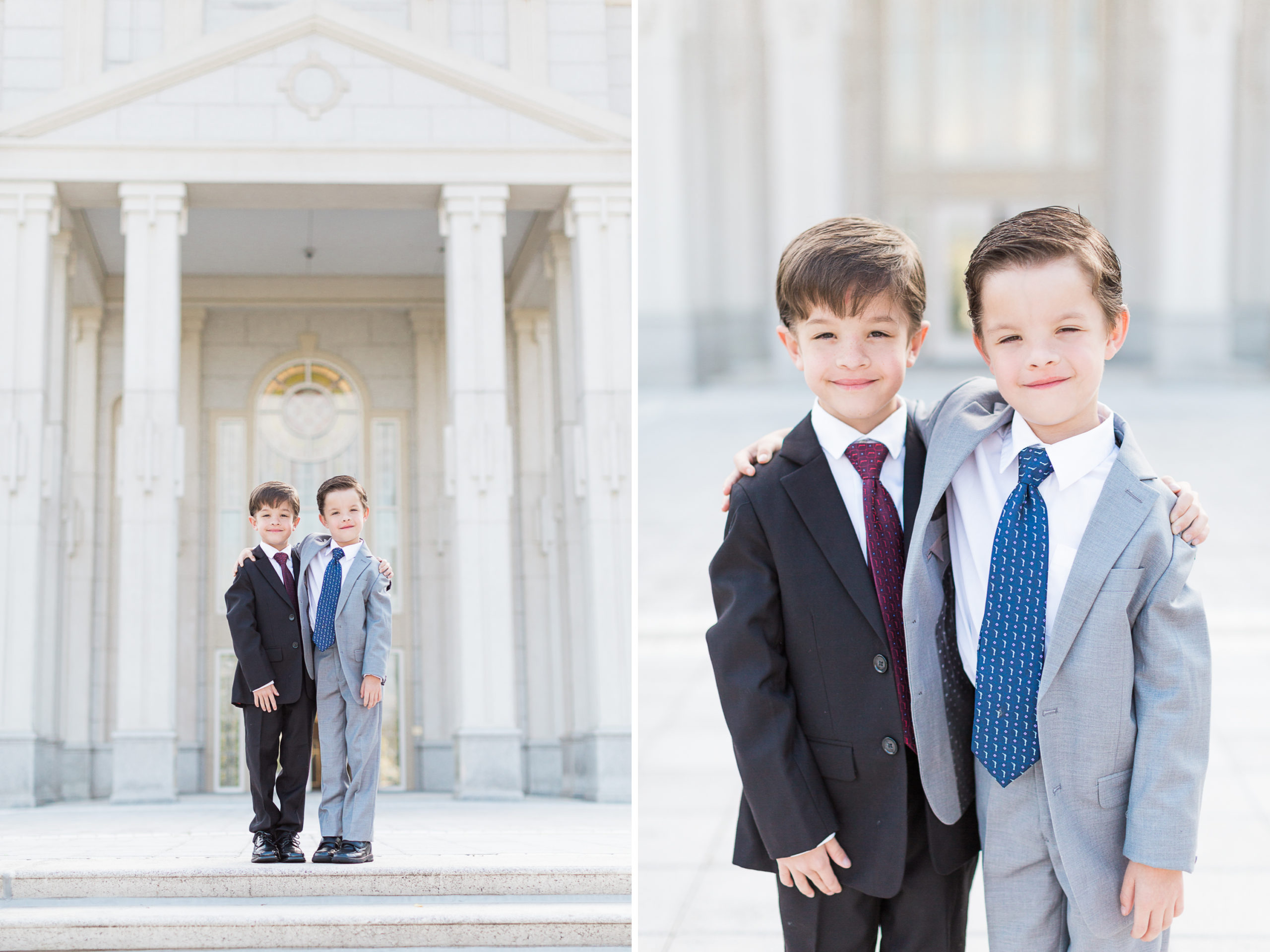Twin brothers standing in fron tof the Houston temple