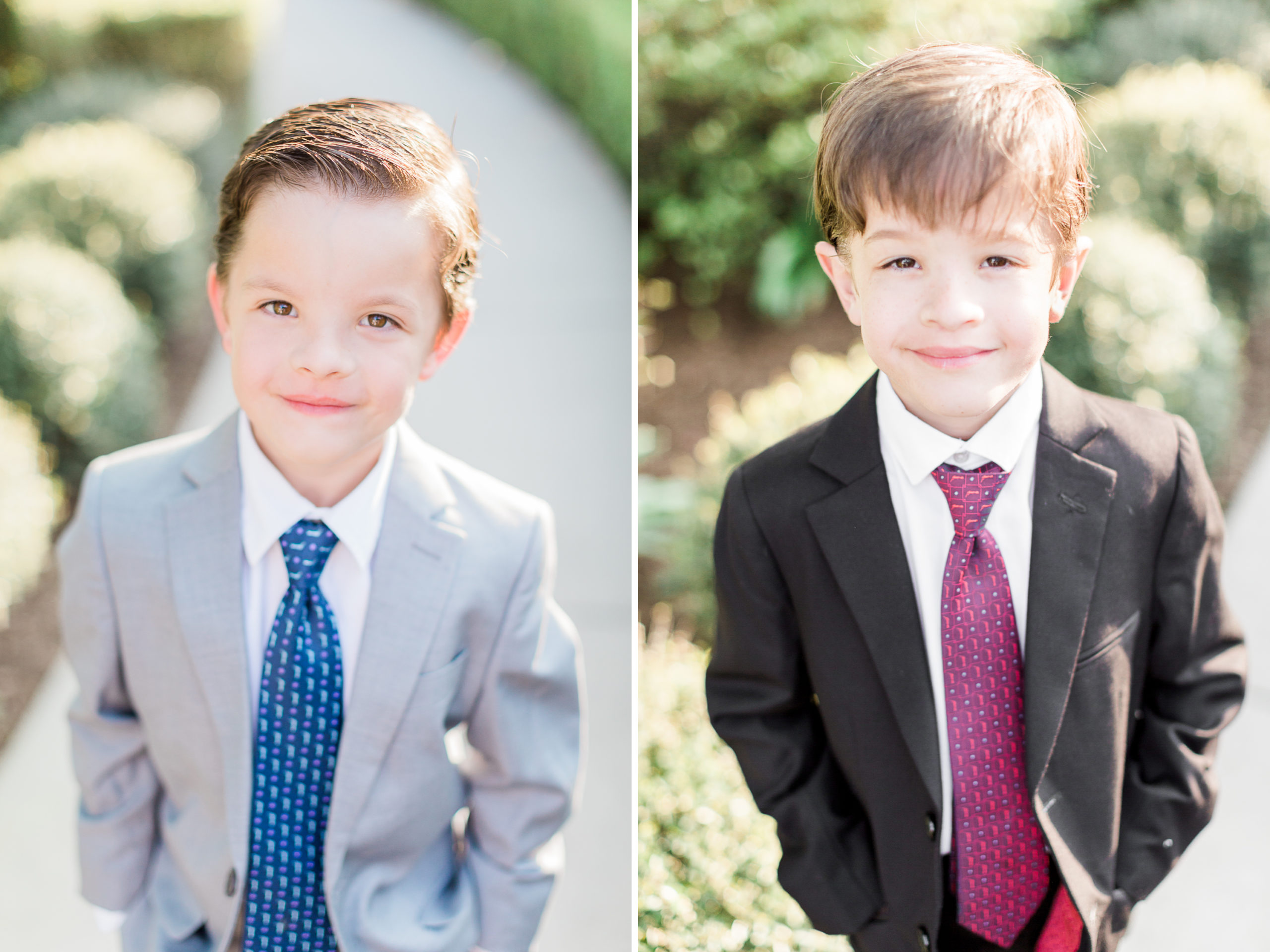 Twin brothers smile for the camera during their portrait photography session
