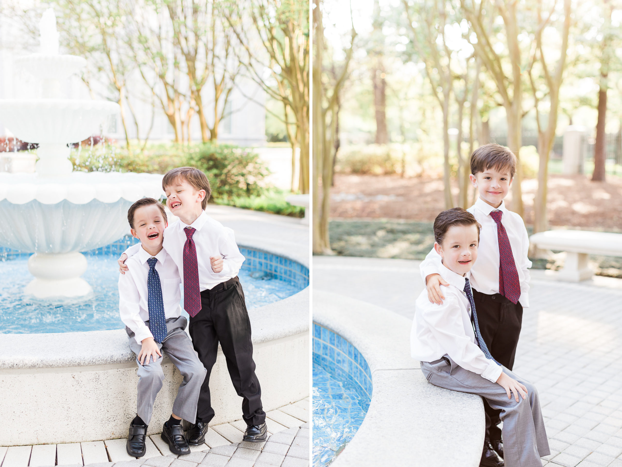Two brothers make each other laugh as they sit near a fountain