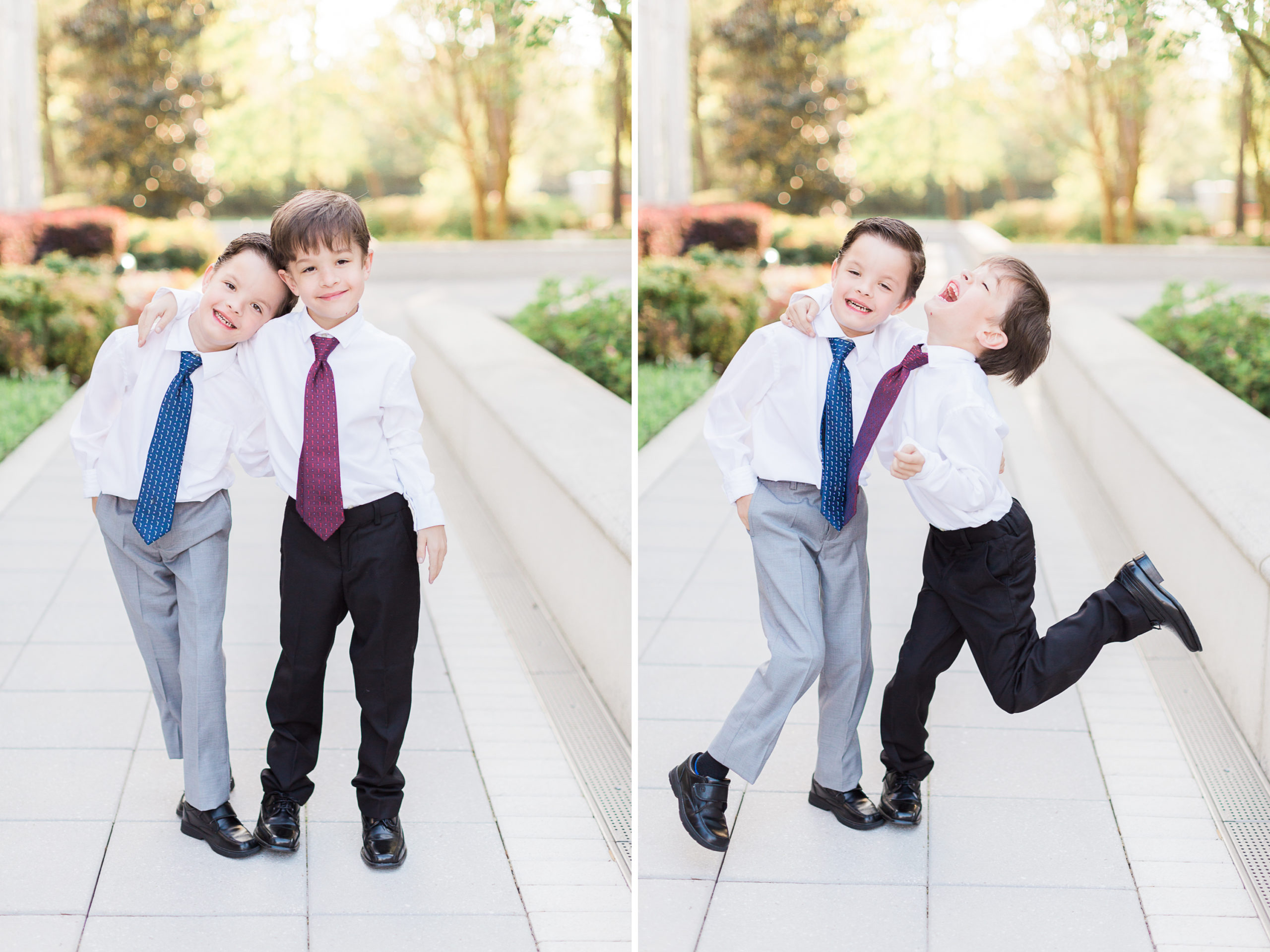 A couple of brothers act silly with each other in a suit and tie