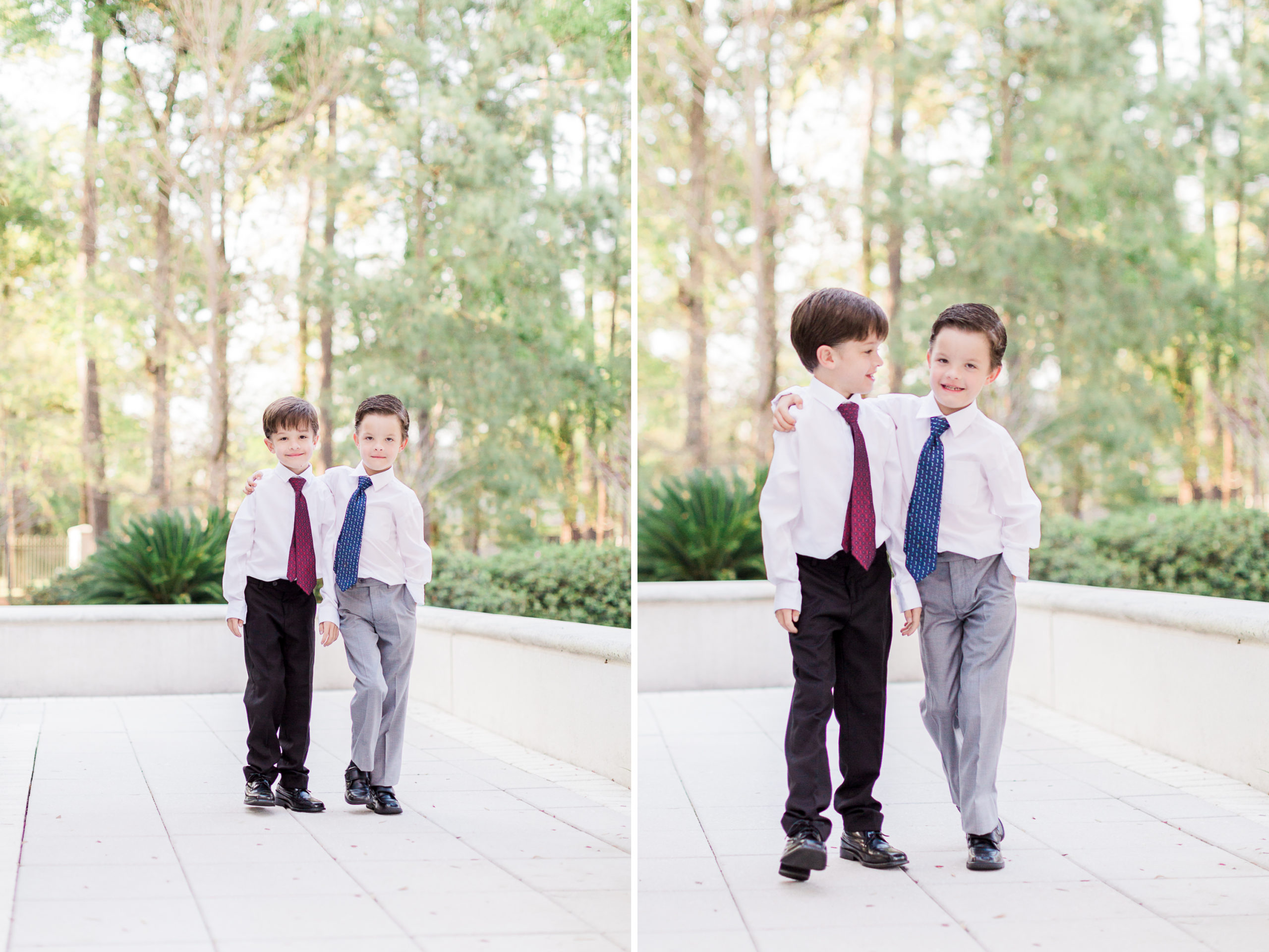 Sweet brothers walk next to each other through a lovely garden