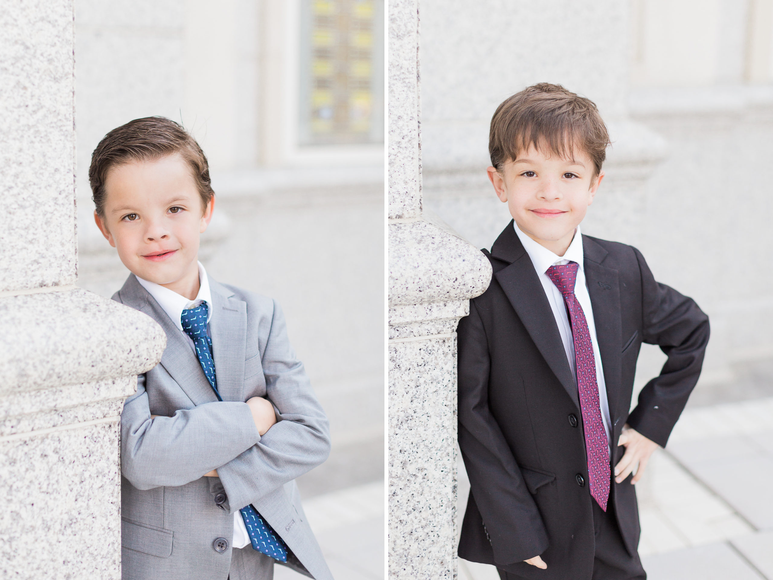 Two little boys pose like adults during their birthday photo session