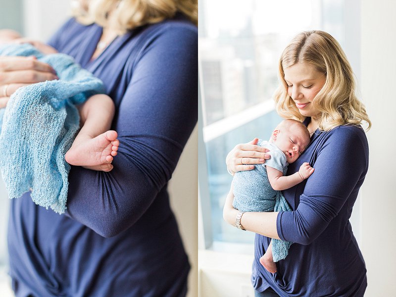 A pretty new Mom holds her baby boy as he sleeps on her chest