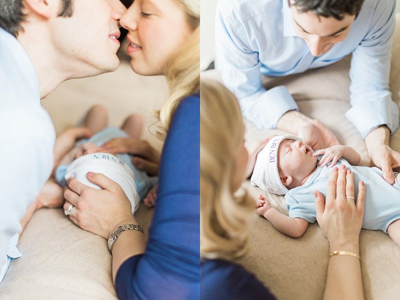 Mom and Dad lean in to kiss each other over their newborn son during their Plano Baby Photographer Session