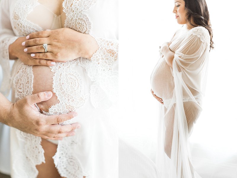 The soon to be parents cradle their arms around a growing baby bump during the Dallas light and airy maternity photographer session