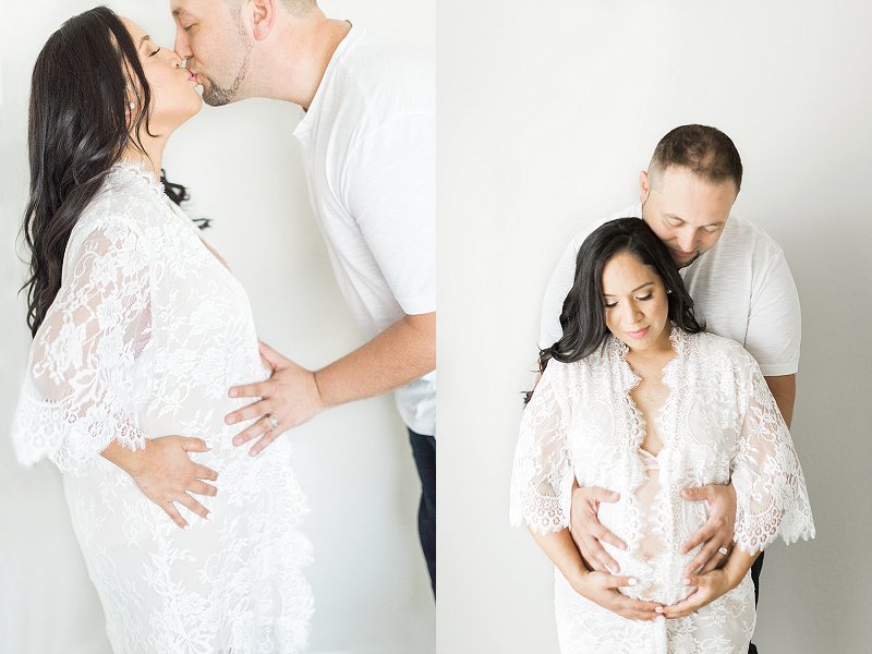 A couple kisses during their dallas light and airy maternity session 
