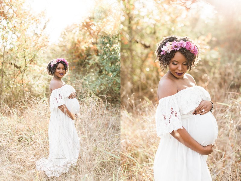 The pregnant mother is glowing in her bohemian white fillyboo dress and purple flower crown
