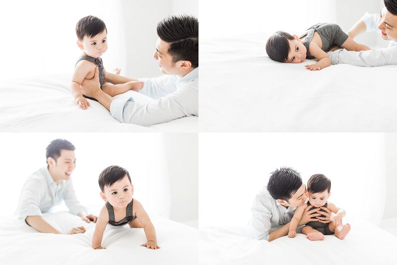 A collage of four photos of a Dad and baby playfully wrestling together during their photo session