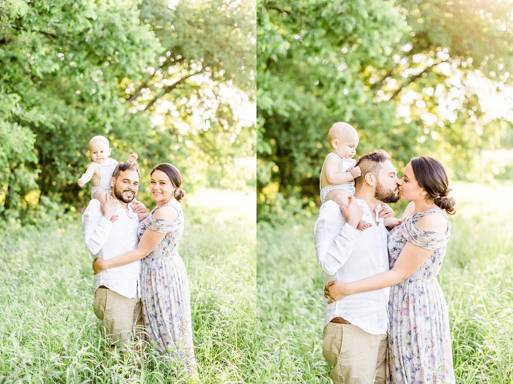 The young family of three look at the camera and smile during their session with the Best Family Photographer in Dallas