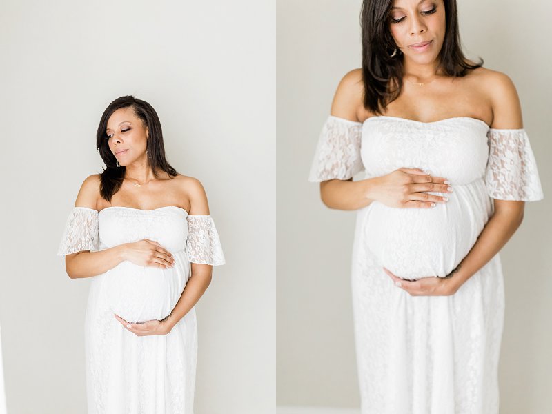 A simple portrait of an expectant mother in a light and bright dallas studio