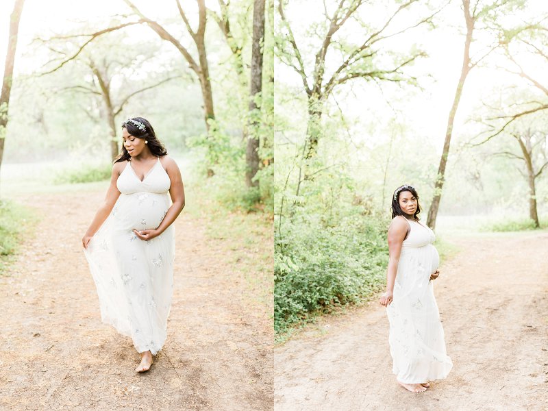 The soon to be Mom gives the camera a smoldering glance as she stands on a dirt path in the woods