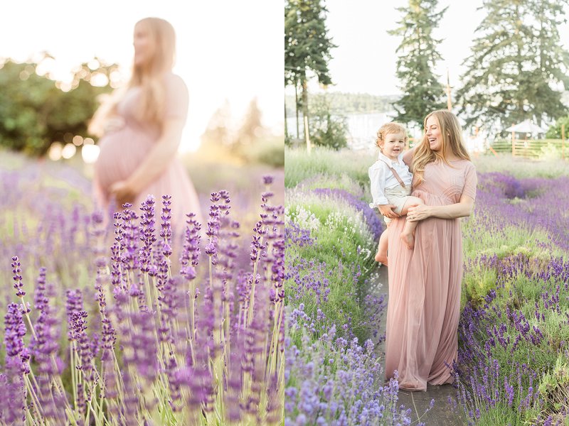 A light filled photo with the focus on some lavender stems and a pregnant mother blurred in the background