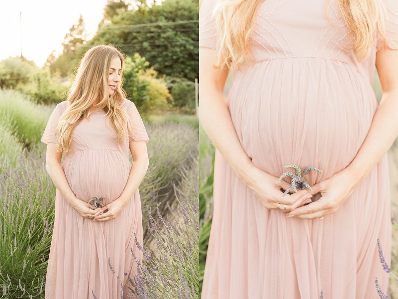 While holding a small bunch of lavender around her baby bump, the mother looks out at the scenery