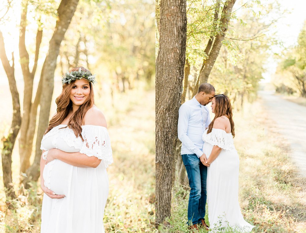 The couple lean against a tree as the light streams around them during their maternity photography in DFW session 