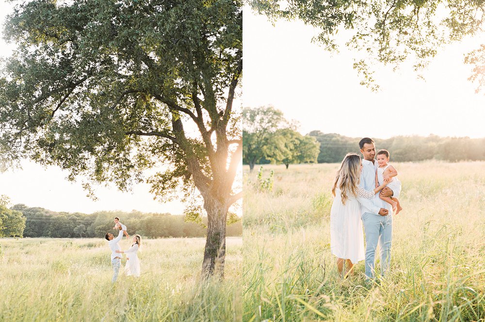 A baby is tossed into the air under a large tree during their session with a Dallas family photographers