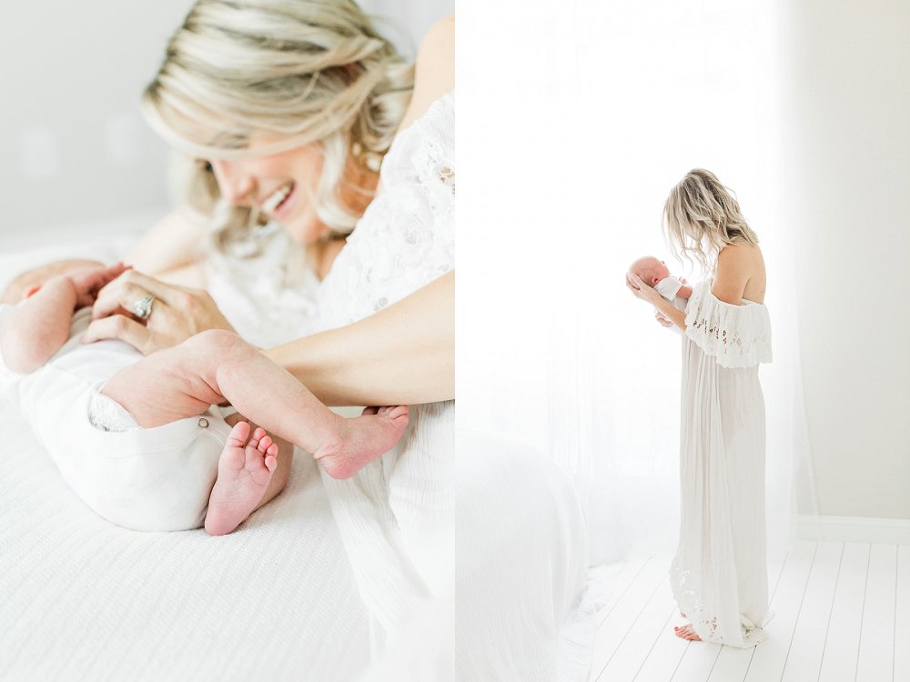 Light and bright newborn studio photos with Mom and baby wearing white
