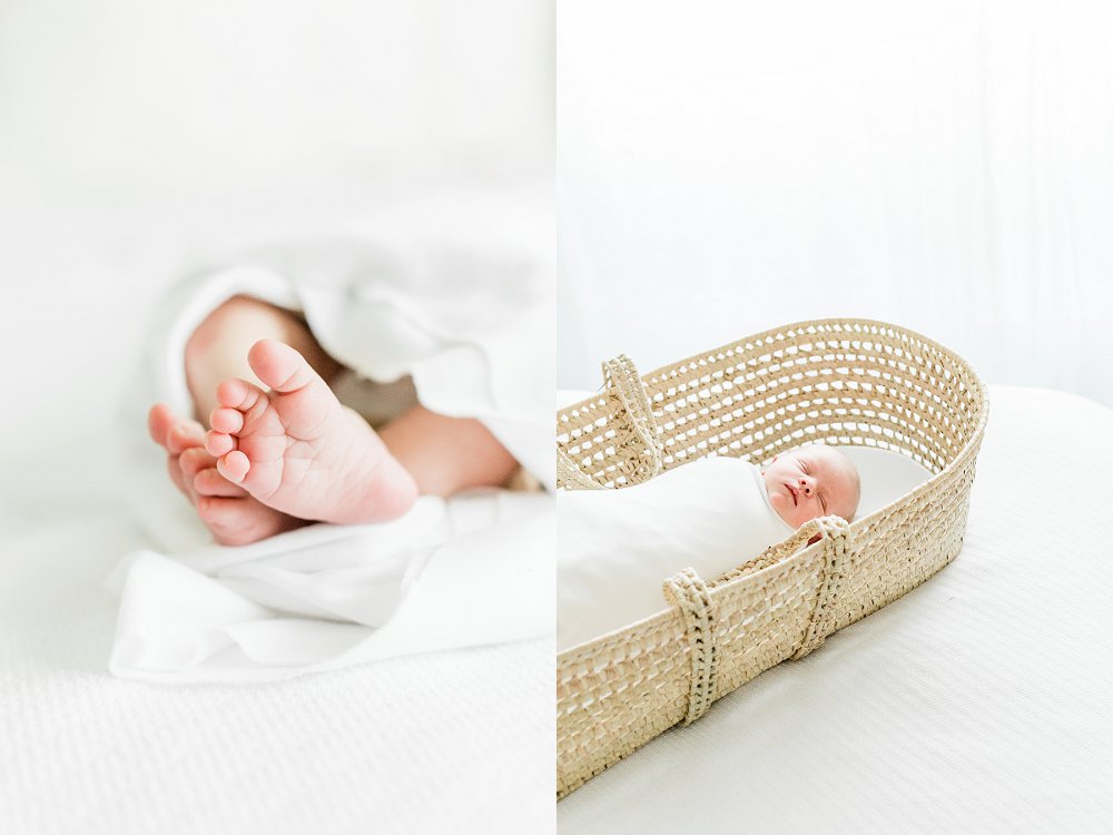 Photo of newborn baby toes as she sleeps in Moses basket