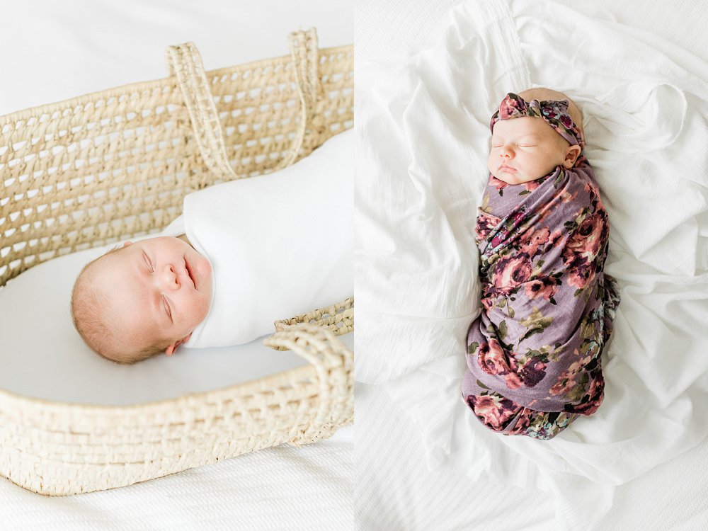 Swaddled baby girl newborn photography poses