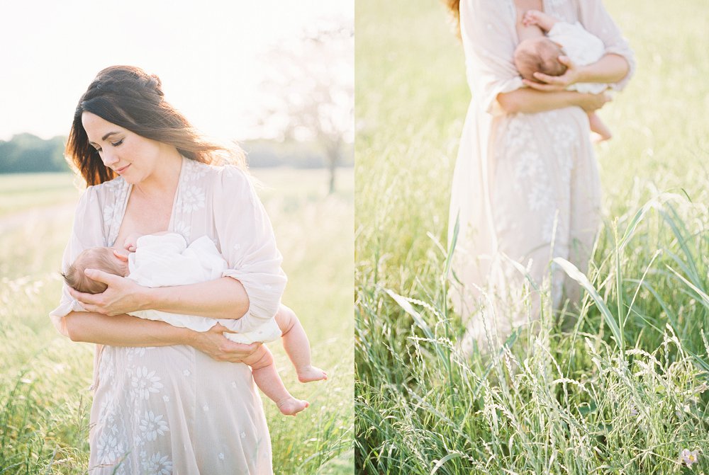 Mom breastfeeding baby girl in gorgeous outdoor photo session
