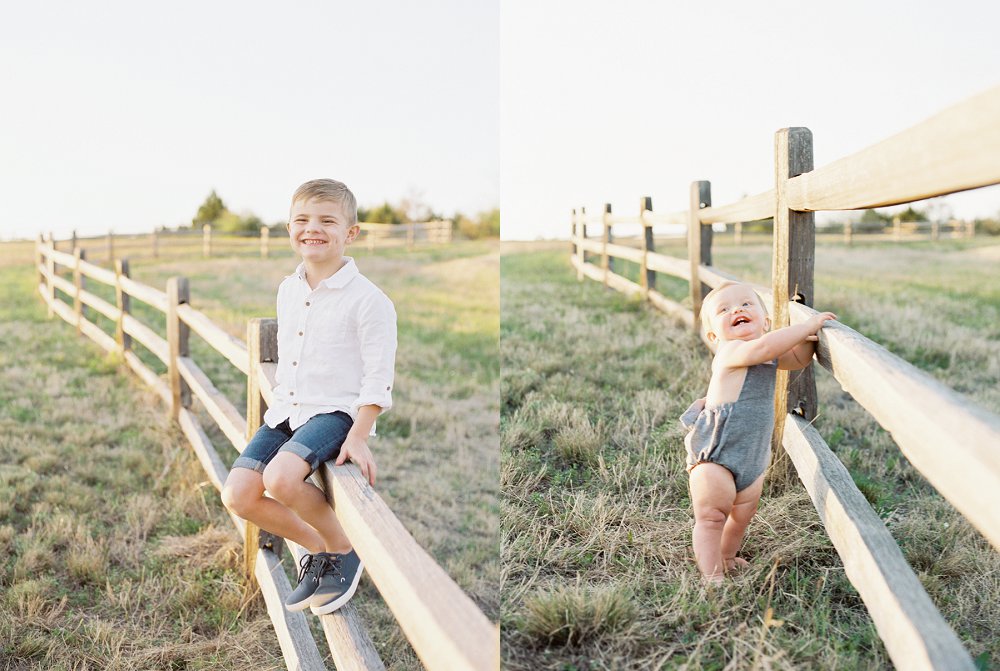 Boys sitting and standing near fence in outdoor, natural light family session