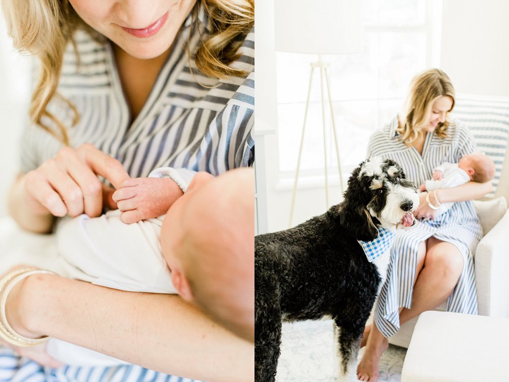 Mom smiles and touches baby boy's hand as family dog watches