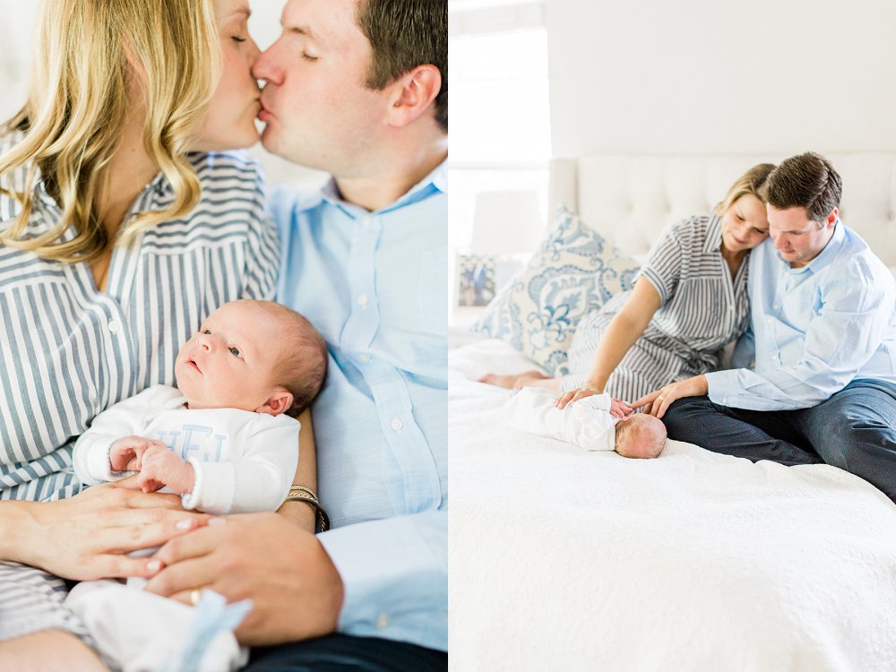 Dad and Mom kiss and hold newborn baby boy with their North Dallas Newborn Photographer