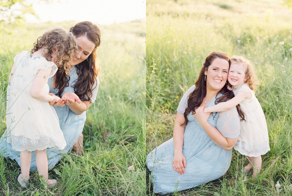 Mom and her daughter explore together and find a ladybug hidden in the tall grass
